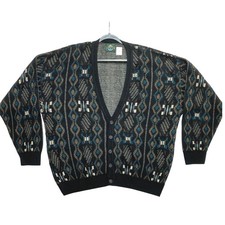 Vintage Janzen Cardigan Sweater Mens XXL Black Teal Brown Geometric Knit