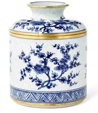 PORCELAIN AND BRASS TRIM BLUE AND WHITE BLOSSOM TISSUE BOX COVER-5'' X 7''H