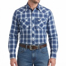 Wrangler Retro Western Shirt Mens Medium Blue Plaid Pearl Snap MVR487M Cotton
