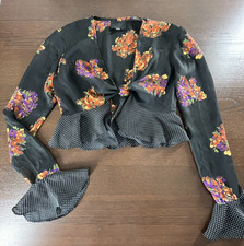 Vintage Anna Sui Sheer Crop 100% Rayon Blouse Top Ruffles Front Tie Size P ST40