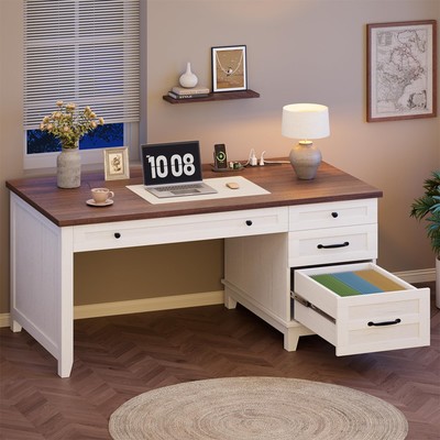 Executive Desk with Drawers, Farmhouse Home Office Desk with Charging Station...