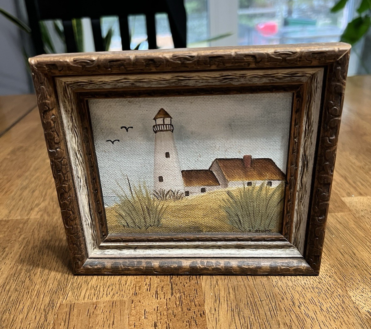 Lighthouse Original Painting on Canvas Panel 4x5, Mini Art Signed Framed
