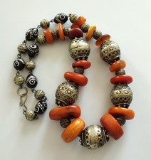 mama-estelle Ancien Collier Maroc ? Perles Ambre Métal et Décors Argentés