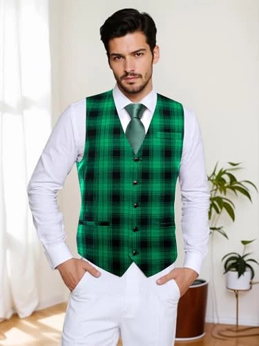 Men's Suit Vest Plaid Checks V-neck Single Breasted 3X-Large Black and Green - Image 2 of 4