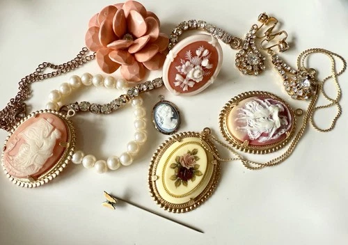Vintage Costume Jewelry Lot Cameo Brooches Rhinestone Bracelet Screwback
