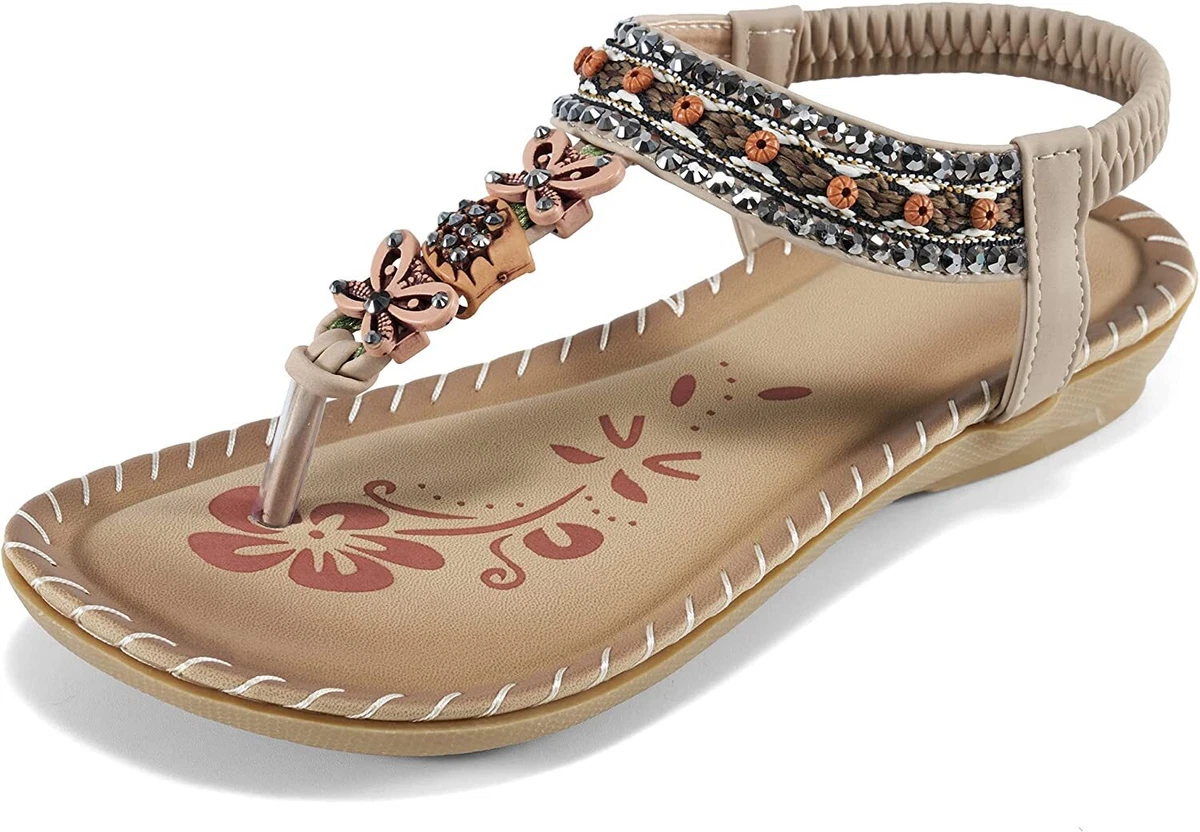 Womens Flats Sandals Summer Gladiator Bohemian Beaded Dress Shoes Comfortable Op