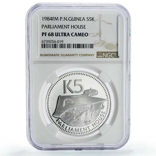 Papua New Guinea 5 kina New Parliament House Building PF68 NGC silver coin 1984