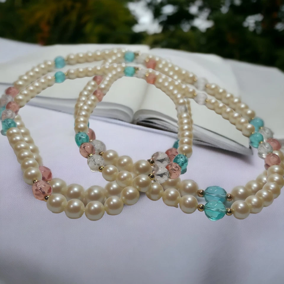 Collar Monet Vintage Con Cuentas Transparentes Rosa Turquesa 34" Foto 2 de 4