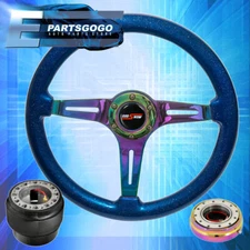 Metallic Blue Neo Chrome Steering Wheel + Slim Quick Release For 89-05 Eclipse