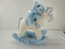 Aurora Baby Blue White Musical Rocking Horse Baby Boy Plush Stuffed Animal Toy