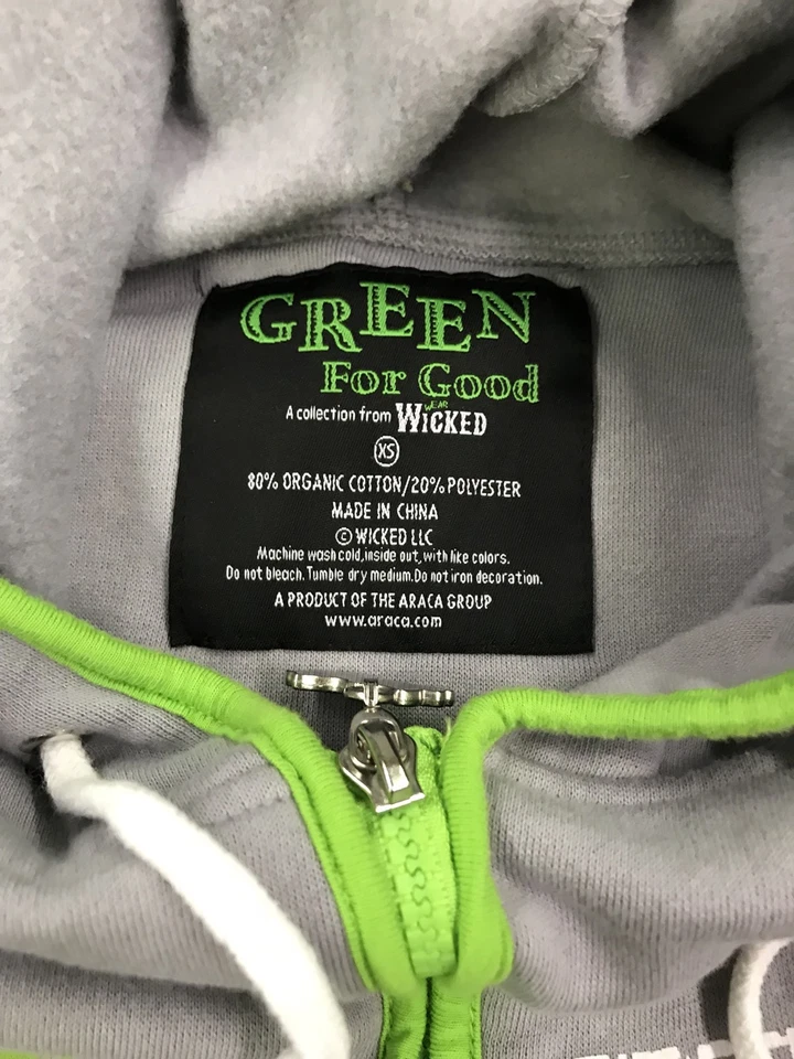 Broadway Musical Wicked Sudadera con Capucha Gris Ceniza XS Cremallera Completa Verde Para Siempre Foto 3 de 4