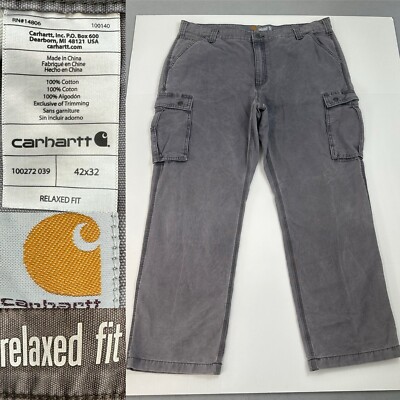 CARHARTT Relaxed Fit Cargo Work Pants Mens Sz 42W x 32L Gray 100% Cotton chore