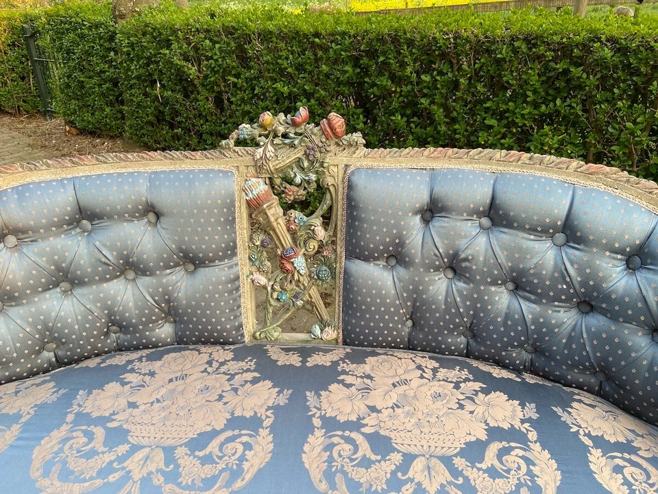 Sofa Couch French Louis XVI Corbeille Blue Damask Gold Gilt Vintage Settee - Image 2 of 4