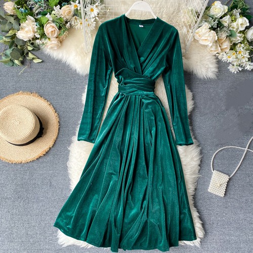 Womens Velvet Dress Midi V Neck Long Sleeve Casual Black Fashion Chic Gown  Sexy | eBay