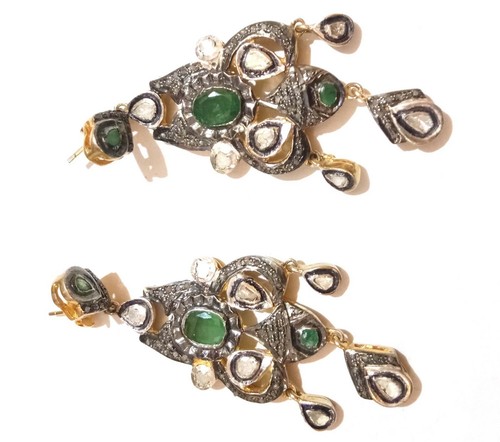 Collier Pendentif Ancien - Véritable émeraude Verte, Or Blanc Et Argent Massif