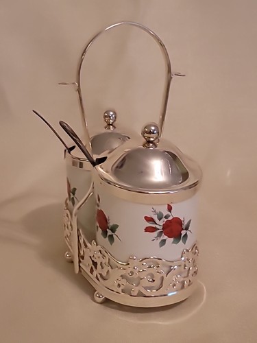 2 Condiment/Jelly Jars w/Rack/Holder Silver Plated Spoons England Red Roses - Picture 3 of 24
