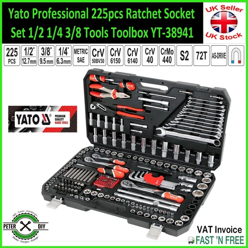 225pcs Ratchet Socket Set 1/2 1/4 3/8 Tools Toolbox YT-38941 Professional YATO