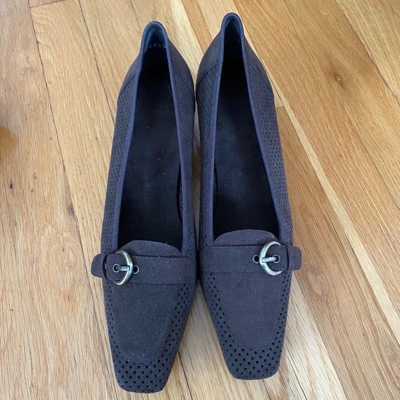 Stuart Weitzman Genuine Suede Leather Laser Cut Brown Block Heels 10