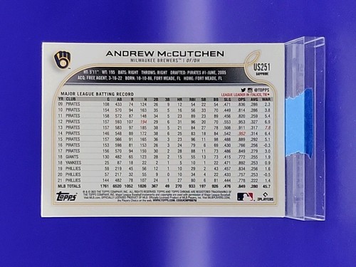 Andrew McCutchen 2022 Topps Chrome Update Sapphire Edition 🔥 Brewers - Picture 2 of 2