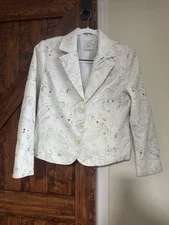 FDJ French Dressing White Blazer With Brown  Tan Embroided Sticthing Women 12