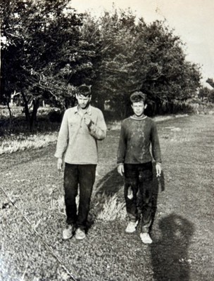 Gay Interest Vintage Photo 1960s Two Young Men Walking Garden USSR B&W Snapshot