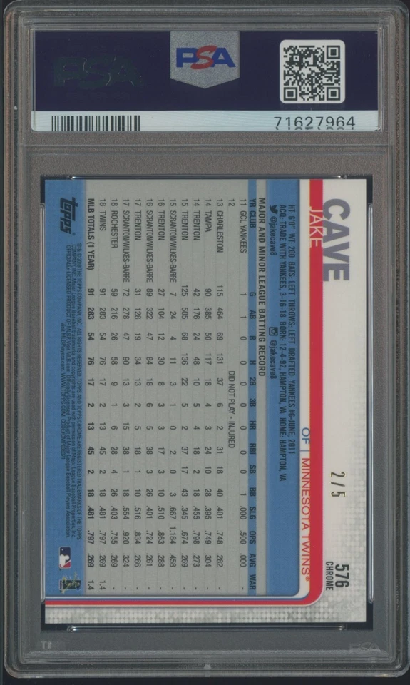 2019 Topps Chrome Sapphire Edition Red Refractor #576 Jake Cave RC 2/5 PSA 10 - Image 2 of 2