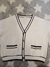 Cyrus Cardigan Sweater Womens L White Black Contrast Trim 4-Button Preppy Pocket