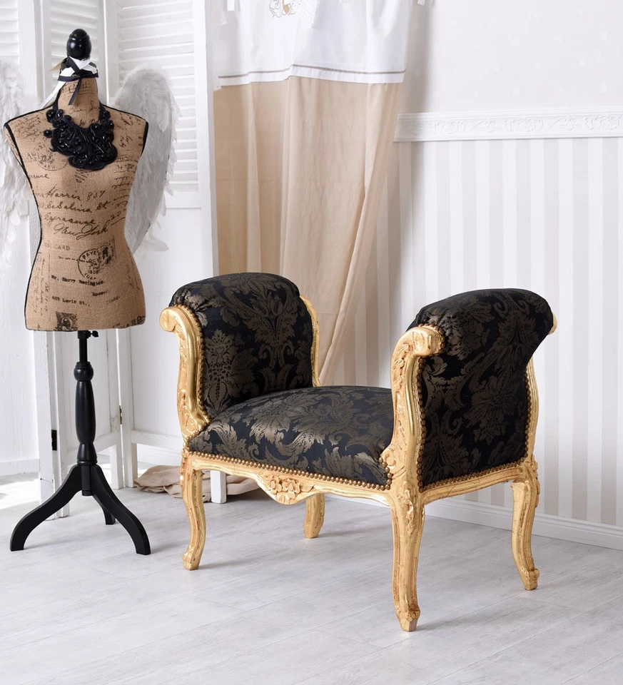 Barock Sofa Sitzbank Liege Antik Chaiselongue Schwarz Gold Sitzhocker Bank - Bild 4 von 4