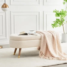 Oval Storage Bench 43.5" Ottoman Bench Upholstered Boucle Fabric Footrest Ben...