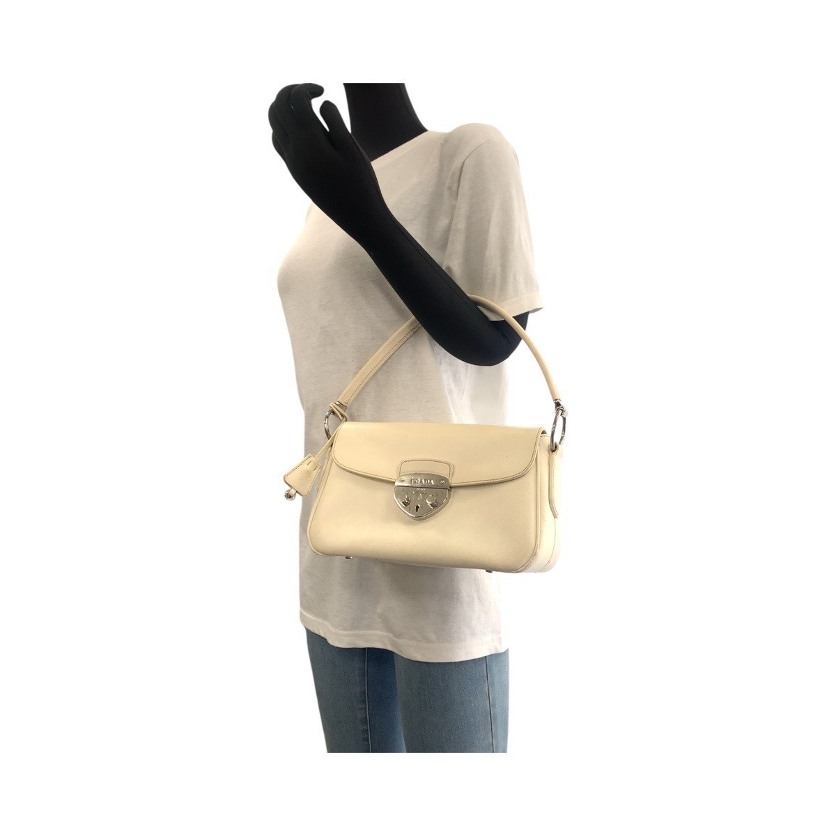 PRADA Saffiano White Silver Hardware Leather Shoulder Bag Handbag Women s 502056 thumbnail 7