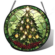 Stained Glass Window Hanging - Green Christmas Tree 6.3x6.3 IN Red and Green