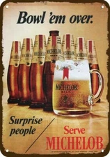 1970 MICHELOB BEER Bowl 'em Over Bowling Vntg-Look DECORATIVE REPLICA METAL SIGN