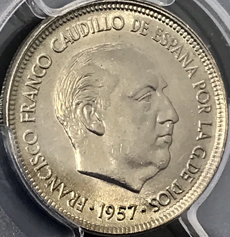 ESPAÑA. 1958, 5 pesetas - PCGS MS65 - 1957, 58 fecha estrella, escudo dorado Foto 4 de 4