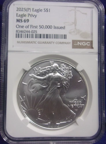 2025 (P) $1 American Silver Eagle First Eagle Privy NGC MS69 Brown