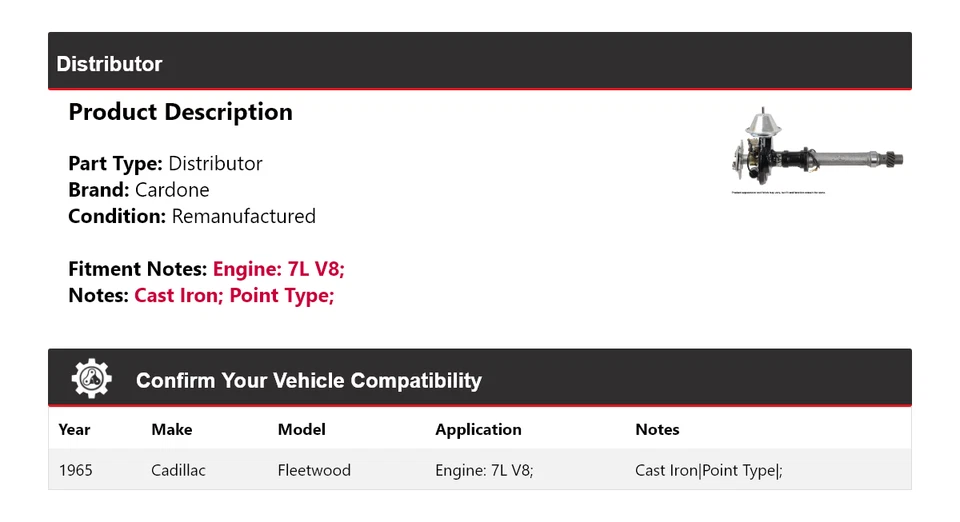 Cadillac Fleetwood 1965 7L V8 distribuidor cardone Foto 2 de 4