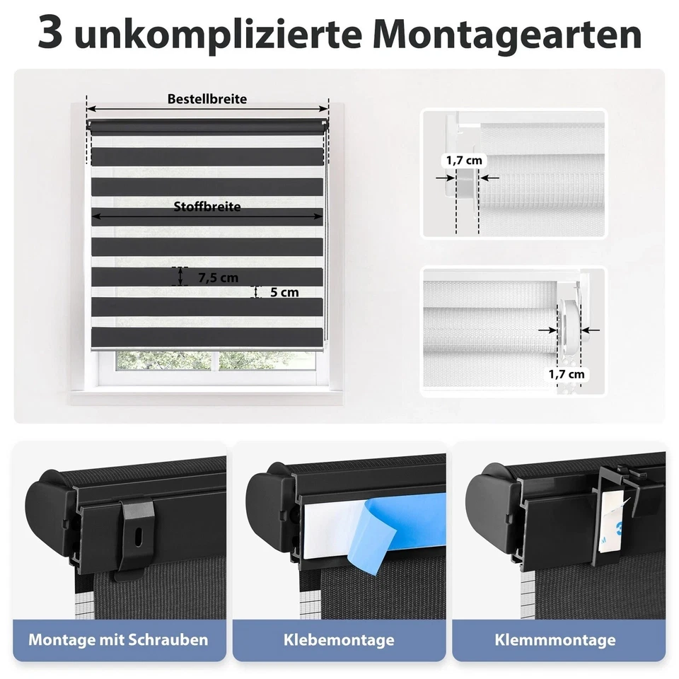 Doppelrollo Duo Klemmfix ohne Bohren Fensterrollo Zebrarollo Duorollo Schwarz - Bild 4 von 4