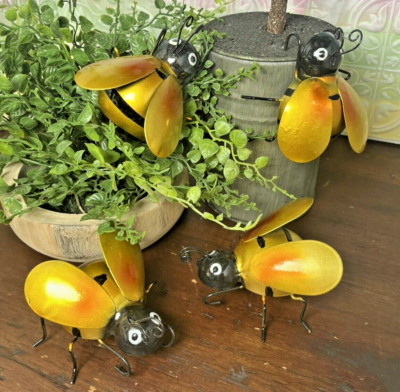 Gold Small Beetle Bug WHIMSICAL Garden Statue Pot Sitter Flying Bug U56