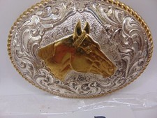 SILVERPLATE ON BRONZE CRUMRINE HORSE WESTERN BELT BUCKLE COWBOY RODEO 4 1/2"