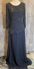 J Kara 3/4 Scallop Beaded Pop Over Gown Dress Navy / Mercury Women's 8 NEW