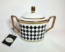 Almeria Black & White Harlequin Porcelain Sugar Jar Bowl w/Lid and Gold Accents
