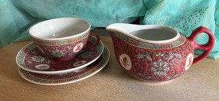 Vintage Chinese Tea Cup saucer plate cream/milk coral pink longevity symbols