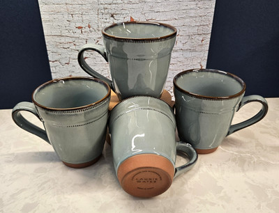 Set of 4 15oz Laurie Gates Gibson Valencia Teal Coffee Mugs Terra Cotta Bottoms