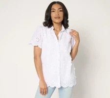 Susan Graver Women's Top Sz S PURE Eyelet Applique Button Front White A691324