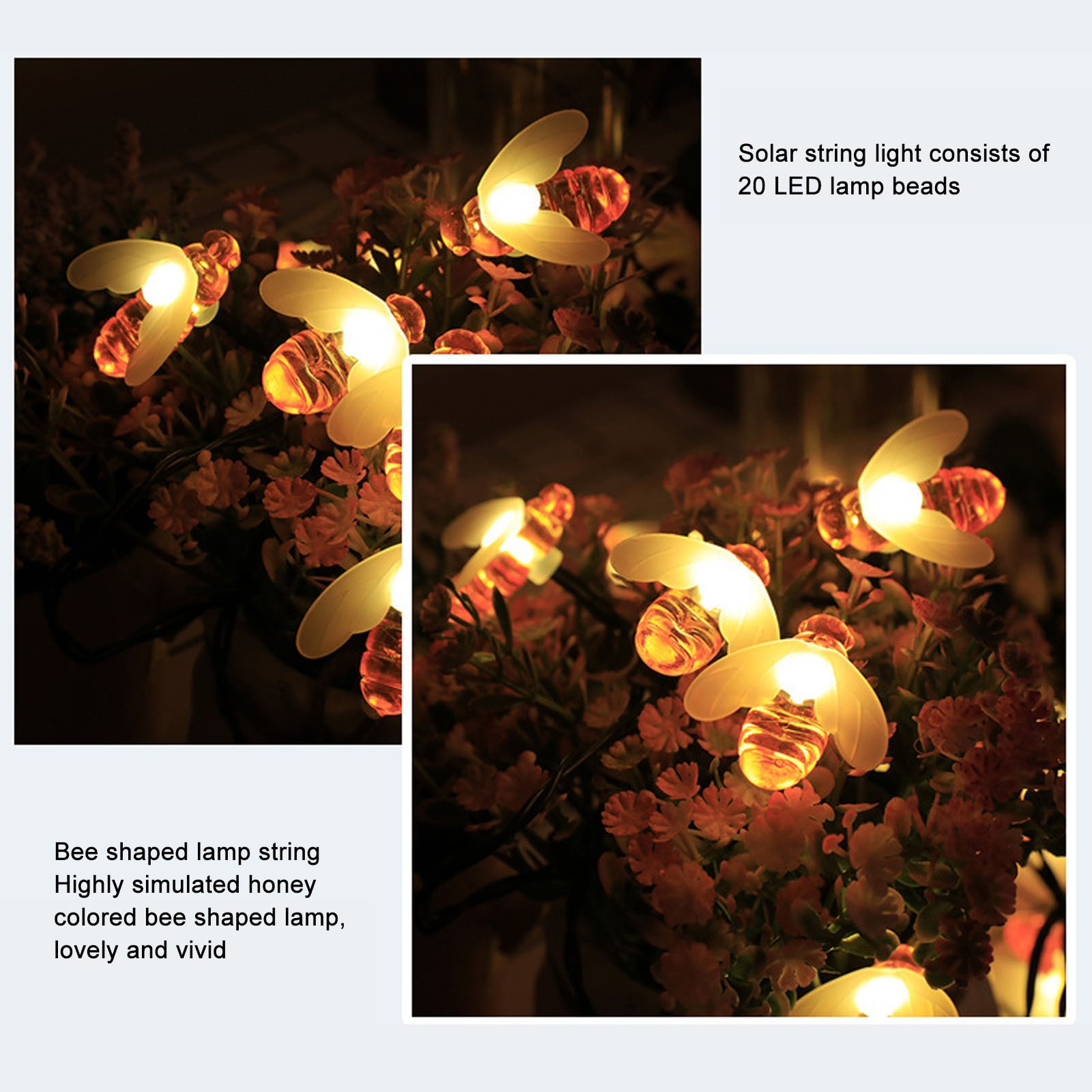 Solar Bee String Lights 20 LED Honey Bee Fairy Lights Warm Light String Lights