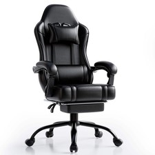 Ergonomic Gaming Chair with Footrest - Black Faux Leather Reclining PC Desk Chai