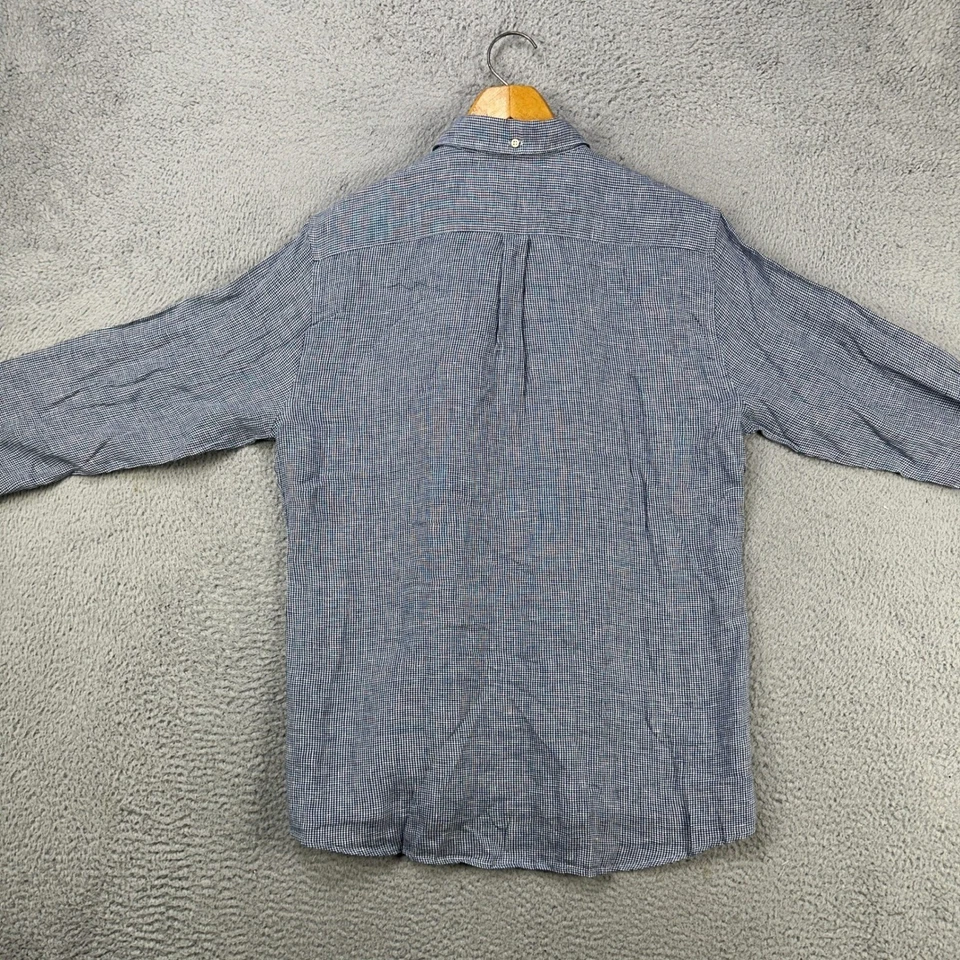 Barbour Mens Button Down Linen Shirt Medium Blue Houndstooth Plaid Flip Cuff - Image 3 of 4