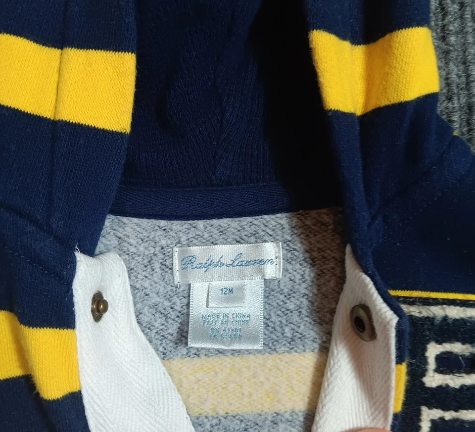 Polo Ralph Lauren Niño Azul Marino Amarillo Rayas Jersey Una Pieza Capucha Talla 12 Meses Foto 2 de 4