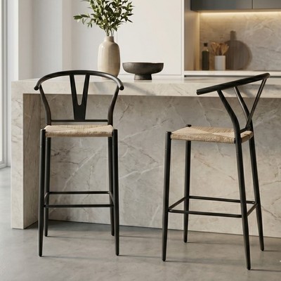 Wishbone Bar Chair Set of 2, Black Iron Frame with Woven Rope Seat