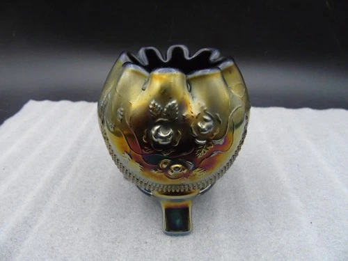 Northwood Carnival glass 3 Footed Rose Bowl Ruffled Edge “Fine Cut Roses” Chip