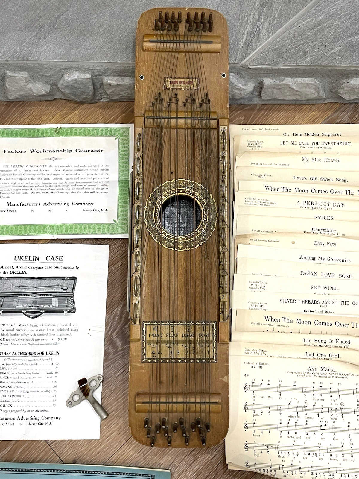 Vtg 1920 UKELIN Stringed Decor~Instruction/Beginner~Tuning Key~39 Pc Sheet Music